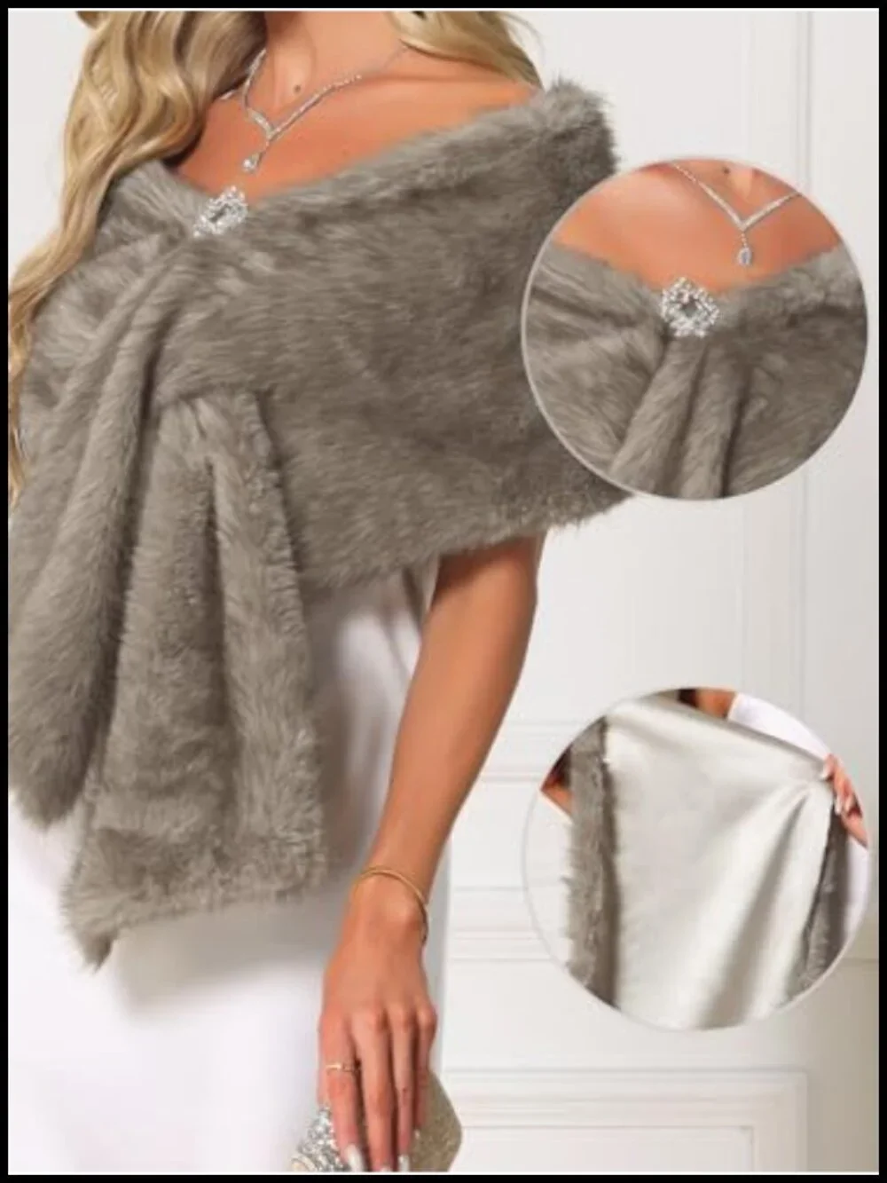 Faux Fur Shawl Wrap for Wedding Bridal Winter Cape Stole with Rhinestone Brooch